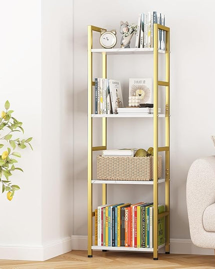 4 Tier Bookshelf, Small Book Shelf Industrial Bookcase, Metal Narrow Book Case Book Storage Organizer,Bookshelves for Bedroom Office Living Room(4 Tier,Gold) - LeafyLoom