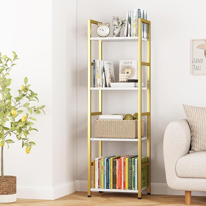 4 Tier Bookshelf, Small Book Shelf Industrial Bookcase, Metal Narrow Book Case Book Storage Organizer,Bookshelves for Bedroom Office Living Room(4 Tier,Gold) - LeafyLoom