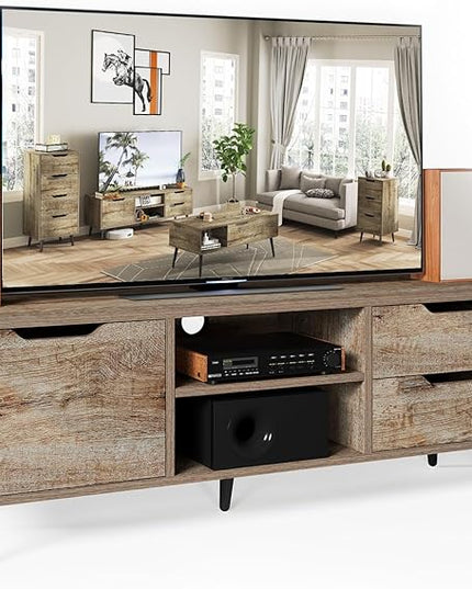 Maxtown TV Stands for Living Room, TV Console Table for 55 Inch TV, Entertainment Center with 1 Cabinet, 2 drawers, Media Console with Metal Feet for Bedroom, Living Room, Walnut - LeafyLoom