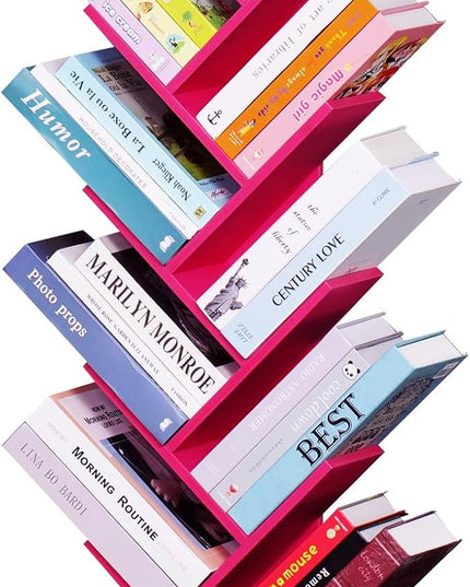 10 Tier Tree Book Shelf, Floor Standing Wood Bookshelf for Narrow Space, Storage Organizer Bookshelves for Books/CDs/Magazine, Bookcase with Shelves for Home Office, Living Room - Pink - LeafyLoom