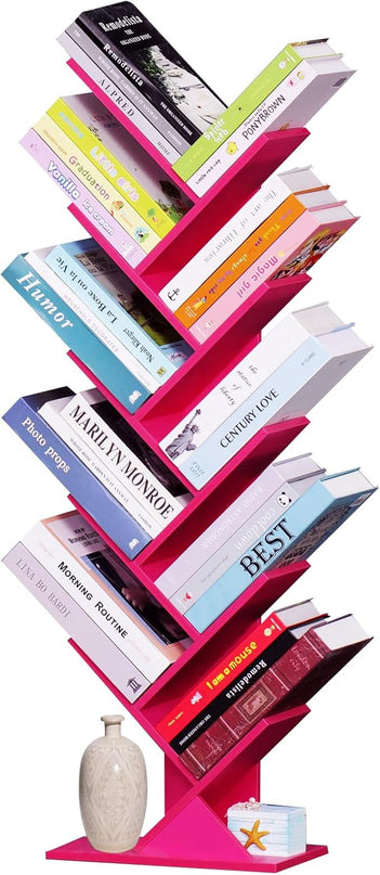 10 Tier Tree Book Shelf, Floor Standing Wood Bookshelf for Narrow Space, Storage Organizer Bookshelves for Books/CDs/Magazine, Bookcase with Shelves for Home Office, Living Room - Pink - LeafyLoom