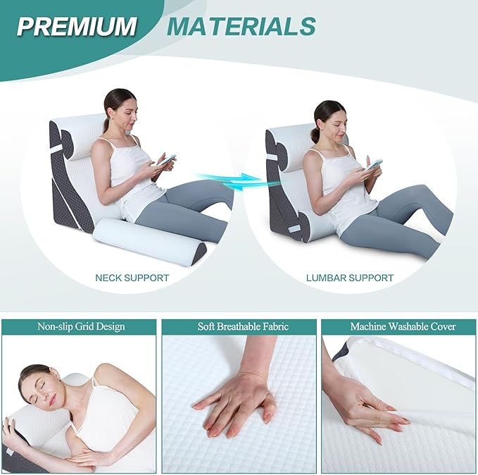 Adjustable 4pcs Bed Wedge Pillow Set, Post Surgery 100% Memory Foam for Back, Neck, Leg Pain Relief, Sitting Pillow for Acid Reflux and GERD, Comfortable Pillows for Sleeping Gray - LeafyLoom