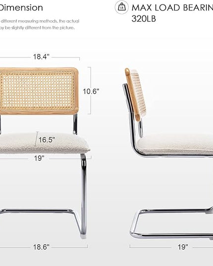 Zesthouse Mid Century Modern Dining Chairs Set of 2, Upholstered Boucle Kitchen Chairs, Famous Breuer Designed Chairs, Armless Accent Chairs with Natural Cane Back & Stainless Chrome Base - LeafyLoom