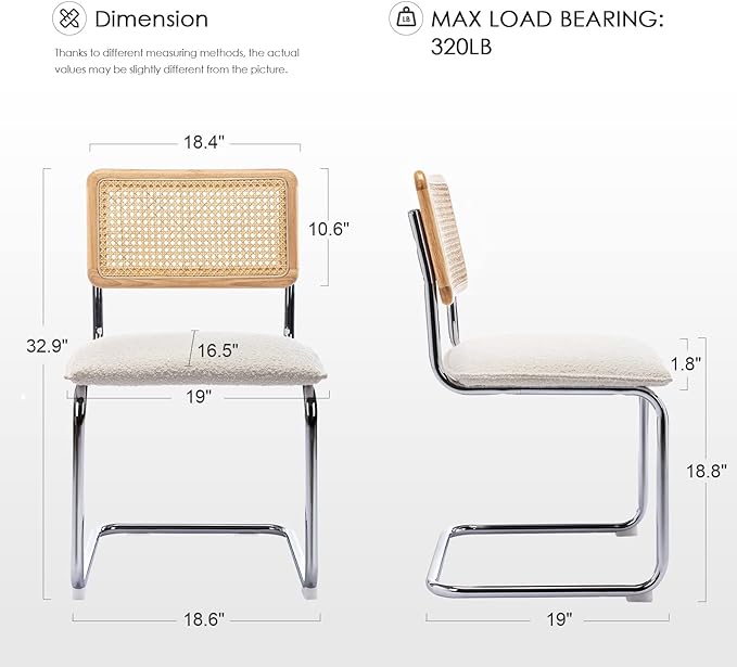 Zesthouse Mid Century Modern Dining Chairs Set of 2, Upholstered Boucle Kitchen Chairs, Famous Breuer Designed Chairs, Armless Accent Chairs with Natural Cane Back & Stainless Chrome Base - LeafyLoom