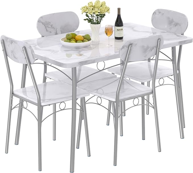 VECELO Dining Table Set for 4 5 Piece Dinette with Chairs for Kitchen, Breakfast Nook and Small Space, 43.3", White - LeafyLoom