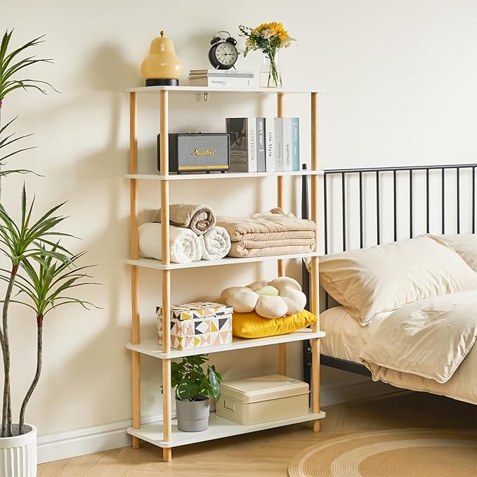IBUYKE 5-Tier Wooden Open Bookcase - Modern Freestanding Bookshelf Storage Organizer,Standing Shelf Units,Multifunctional Display Stand for Bedroom, Living Room & Home Office,White WBC005W - LeafyLoom