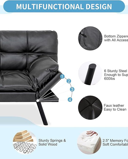 MUUEGM Futon Sofa Bed,Memory Foam Sofa Futon Couch Bed,Convertible 71" Couch Sofa,Faux Leather Sleeper Sofa with Adjustable Backrest for Living Room,Matte Black - LeafyLoom