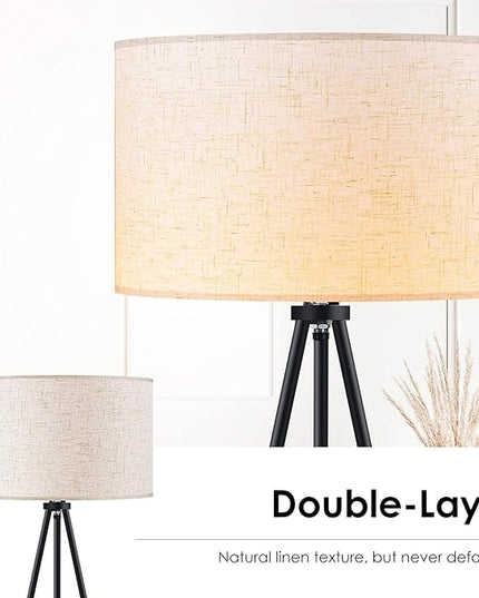 Floor Lamp for Living Room, Tripod Floor Lamp, 15W LED Bulb, 3 Levels Dimmable Brightness, Linen Lamp Shade, Mid Century Standing Lamp for Living Room, Bedroom, Study Room and Office - LeafyLoom