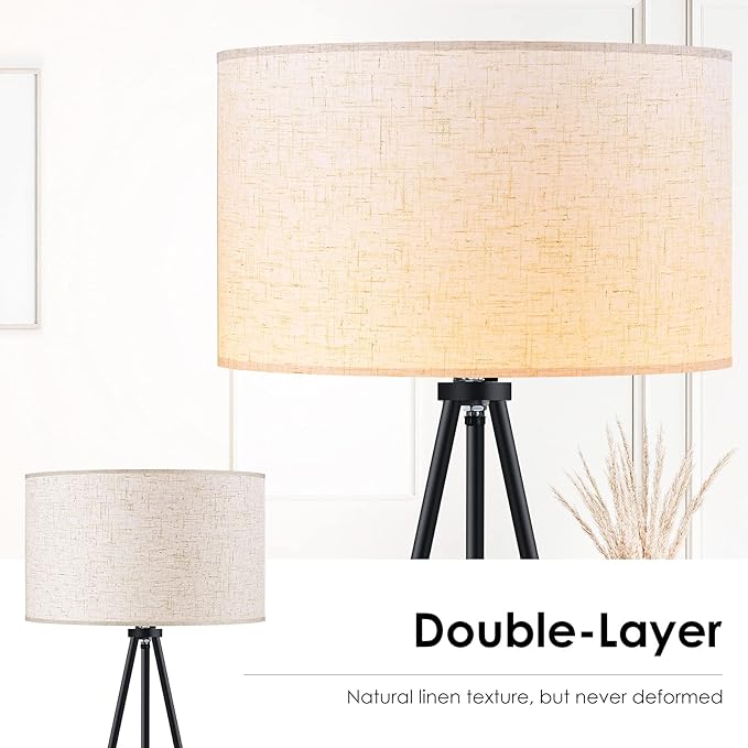 Floor Lamp for Living Room, Tripod Floor Lamp, 15W LED Bulb, 3 Levels Dimmable Brightness, Linen Lamp Shade, Mid Century Standing Lamp for Living Room, Bedroom, Study Room and Office - LeafyLoom