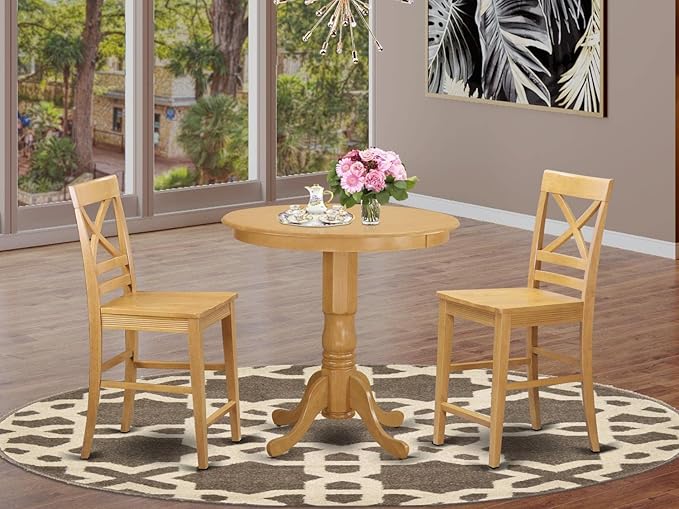 East West Furniture JAQU3-OAK-W 3 Piece Counter Height Dining Set for Small Spaces Contains a Round Wooden Table with Pedestal and 2 Kitchen Chairs, 36x36 Inch, Oak - LeafyLoom
