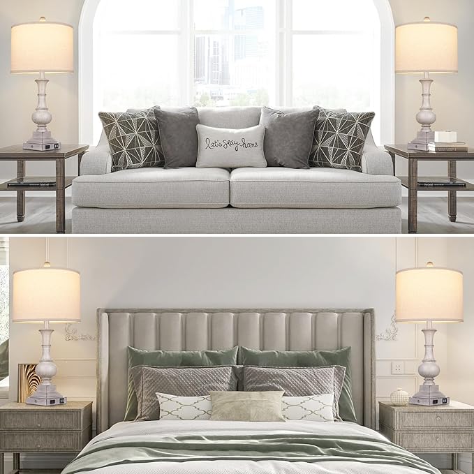 26" Farmhouse Table Lamps Set of 2, Rustic Touch Control Bedside Lamps with 2 USB Ports & AC Outlet, Vintage Resin 3-Way Dimmable Nightstand Lamp Linen Fabric Shade for Living Room Bedroom Decor Gray - LeafyLoom
