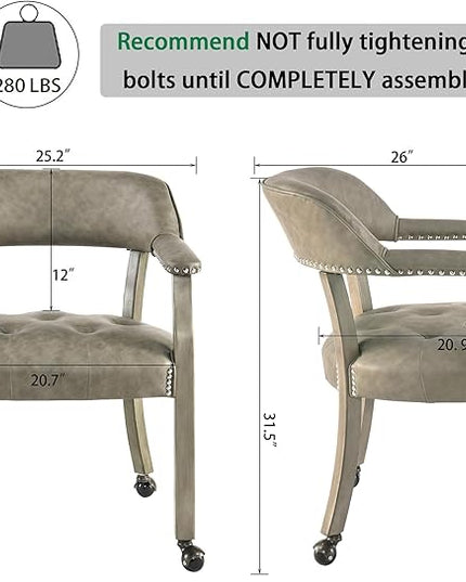Dining Chairs with Casters and Arms, Large Rolling Dining Chairs with Wheels, Solid Wood Boss Caption's Chairs Office Desk Chairs, 26" D x25.2 W x 31.5" H, Soft Light Grey PU SY-1318-UA - LeafyLoom