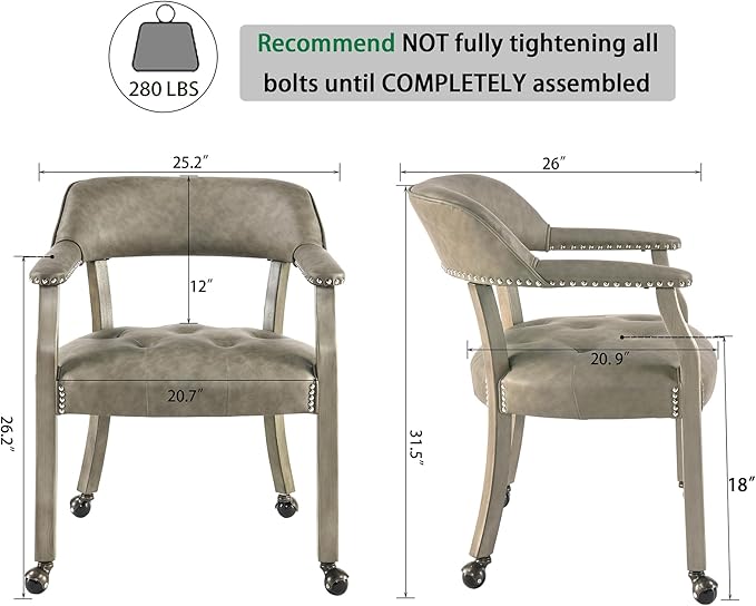 Dining Chairs with Casters and Arms, Large Rolling Dining Chairs with Wheels, Solid Wood Boss Caption's Chairs Office Desk Chairs, 26" D x25.2 W x 31.5" H, Soft Light Grey PU SY-1318-UA - LeafyLoom