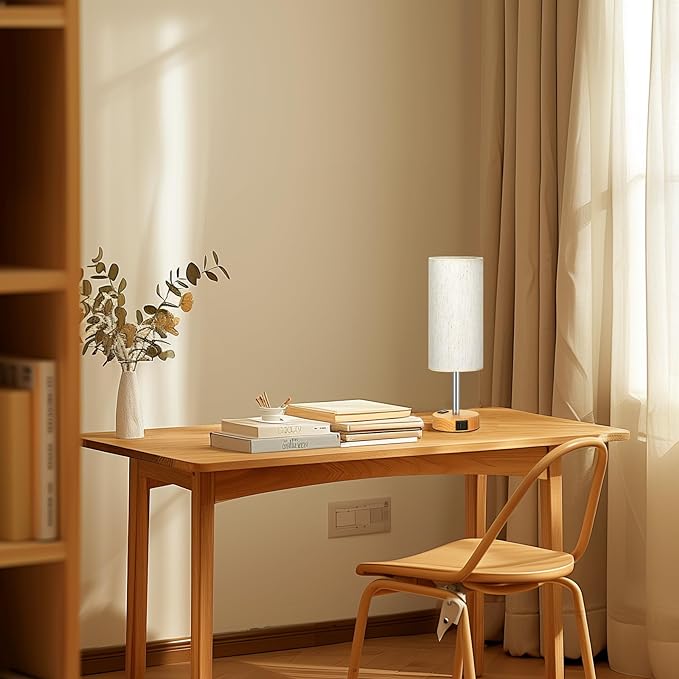 Small Touch Table Lamps Set of 2-3-Way Dimmable, USB A + C Charging, AC Outlet, Wood Grain Base, Bulbs Included - LeafyLoom