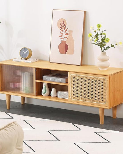 Tiita Rattan TV Stand for 55 Inch TV, Bamboo TV Cabinet with Adjustable Shelf and Storage, Boho Entertainment Center, Mid Century Modern Media Console for Bedroom, Living Room, Study (Natural) - LeafyLoom