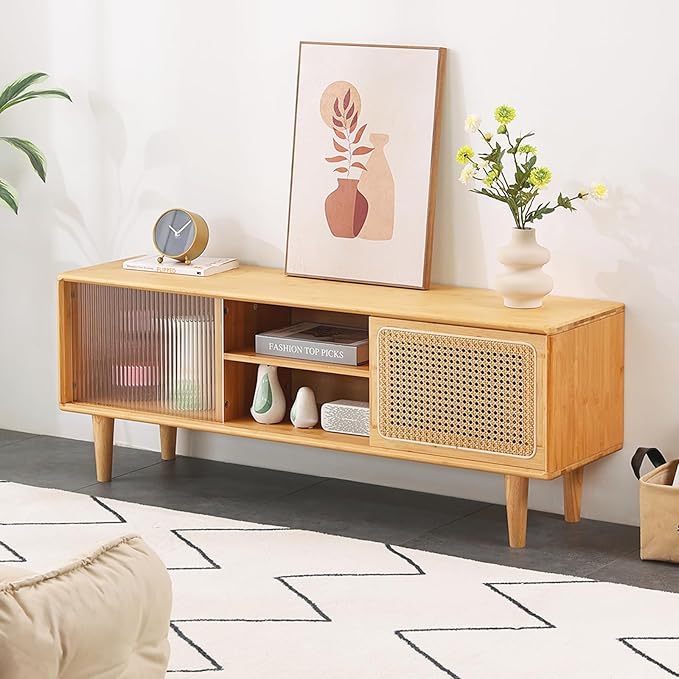 Tiita Rattan TV Stand for 55 Inch TV, Bamboo TV Cabinet with Adjustable Shelf and Storage, Boho Entertainment Center, Mid Century Modern Media Console for Bedroom, Living Room, Study (Natural) - LeafyLoom
