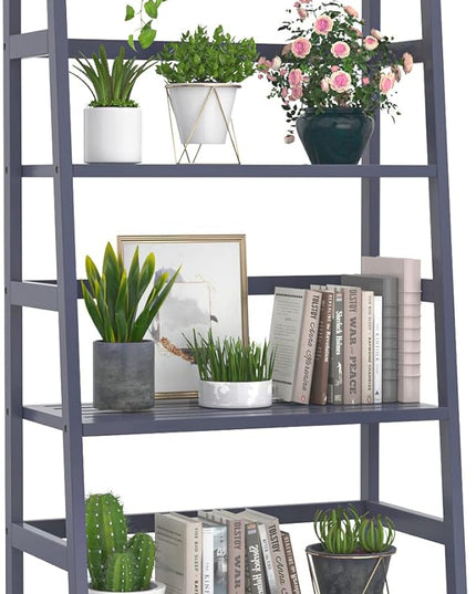 Homykic Bamboo Ladder Shelf 4-Tier Bookshelf, 49.2” Freestanding Open Bookcase Book Shelf Bathroom Storage Shelf Unit Plant Stand for Living Room, Bedroom, Small Space, Home Office, Blue Grey - LeafyLoom