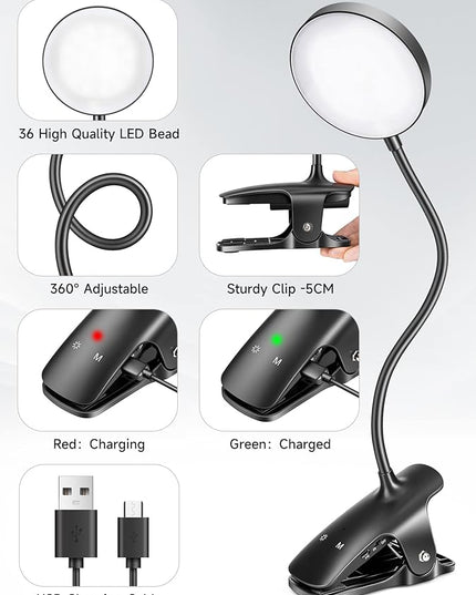 Mubarek Reading Lamp 400LM 36 LED Reading Light, USB Rechargeable Battery Operated Table Lamp, 5 Levels Brightness LED Desk Lamp,5Color Touch Control Reading Lamps for Bedside,Reading Light for Study - LeafyLoom