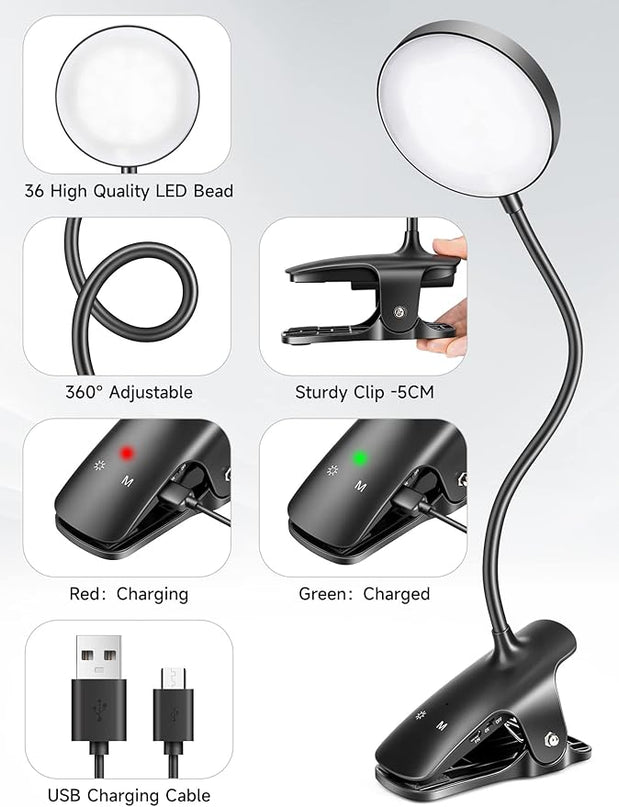 Mubarek Reading Lamp 400LM 36 LED Reading Light, USB Rechargeable Battery Operated Table Lamp, 5 Levels Brightness LED Desk Lamp,5Color Touch Control Reading Lamps for Bedside,Reading Light for Study - LeafyLoom