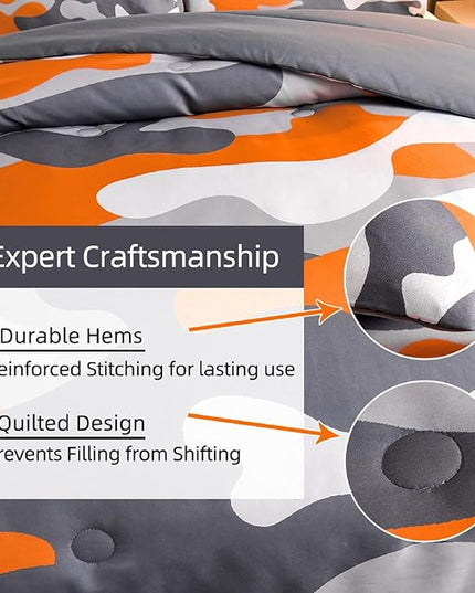 Meeting Story Camouflage Bedding Set, Colorful Pattern Style Comforter Set, 5 PCS One Comforter Two Pillowcases Two Sheets in One Bag, All Season Bedspread for Teens Adults (Orange, Full 5Pcs) - LeafyLoom