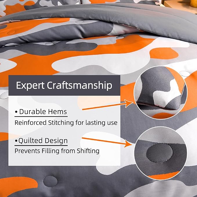 Meeting Story Camouflage Bedding Set, Colorful Pattern Style Comforter Set, 5 PCS One Comforter Two Pillowcases Two Sheets in One Bag, All Season Bedspread for Teens Adults (Orange, Full 5Pcs) - LeafyLoom
