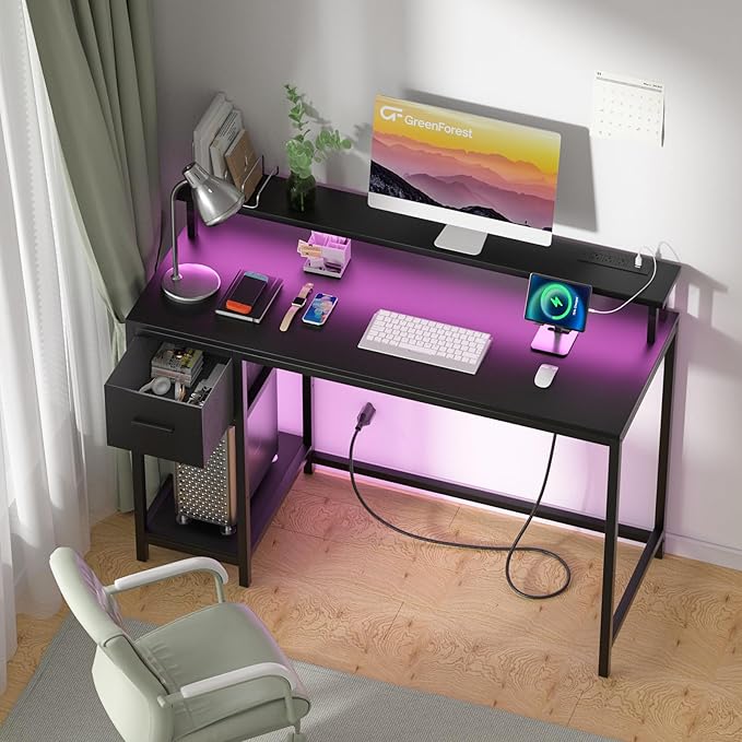 GreenForest Computer Desk with Drawers 47 inch,Gaming Desk with LED Lights & Power Outlets Small Desk with Monitor Stand and Reversible Shelf,Black - LeafyLoom