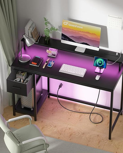 GreenForest Computer Desk with Drawers 39 inch,Gaming Desk with LED Lights & Power Outlets Small Desk with Monitor Stand and Reversible Shelf,Black - LeafyLoom