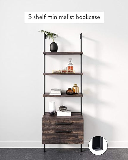Nathan James Theo Industrial Bookshelf with Wood Drawers and Matte Steel Frame, 3-Shelf, Nutmeg/Black - LeafyLoom