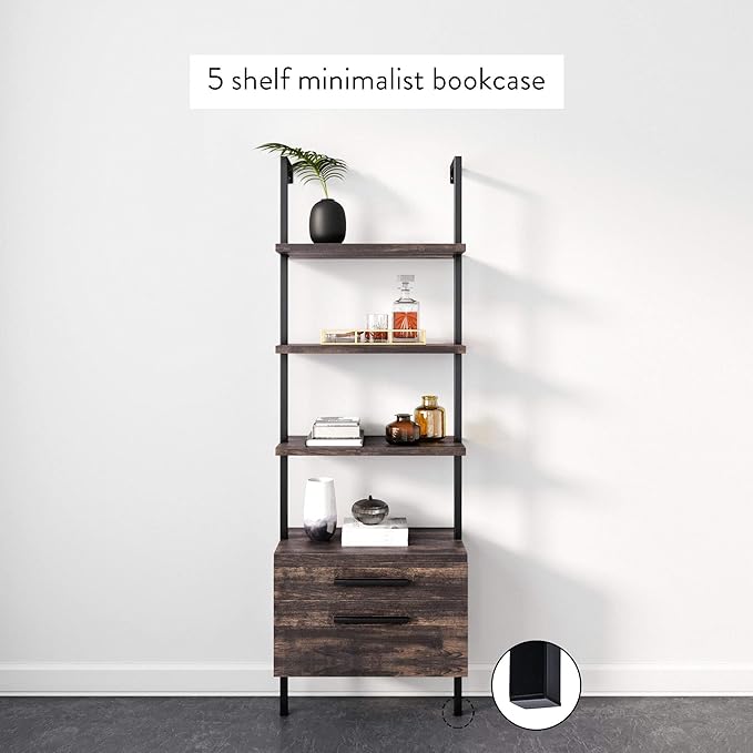 Nathan James Theo Industrial Bookshelf with Wood Drawers and Matte Steel Frame, 3-Shelf, Nutmeg/Black - LeafyLoom