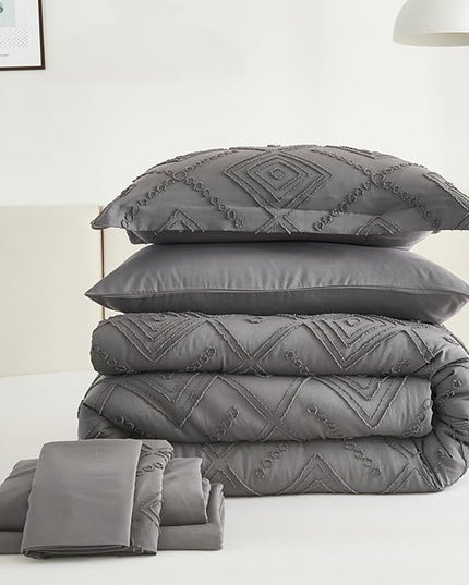 EMME Twin Comforter Set - 5 Pcs Dark Grey Boho Bedding Sets, Twin Size Tufted Comforter with Sheets, Shabby Chic Embroidery Bed Set Fluffy Bed Bag for All Season(68"X90") - LeafyLoom