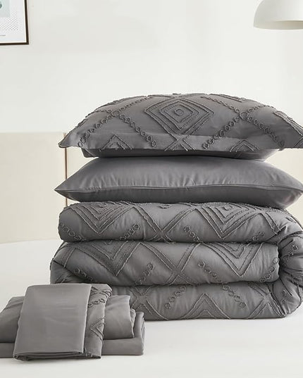 EMME Queen Comforter Set - 7 Pcs Dark Grey Boho Bedding Sets, Full Size Tufted Comforter with Sheets, Shabby Chic Embroidery Queen Bed Set Fluffy Bed Bag for All Season(90"X90") - LeafyLoom