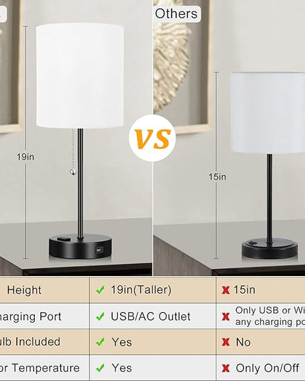 3 Color Temperature Bedside Table Lamps Set of 2, Modern Small Lamp with USB and Outlet, Bedroom Lamp for Nightstand with Chain Switch, White Desk Lamp for Living Room, Two Bulbs Included - LeafyLoom