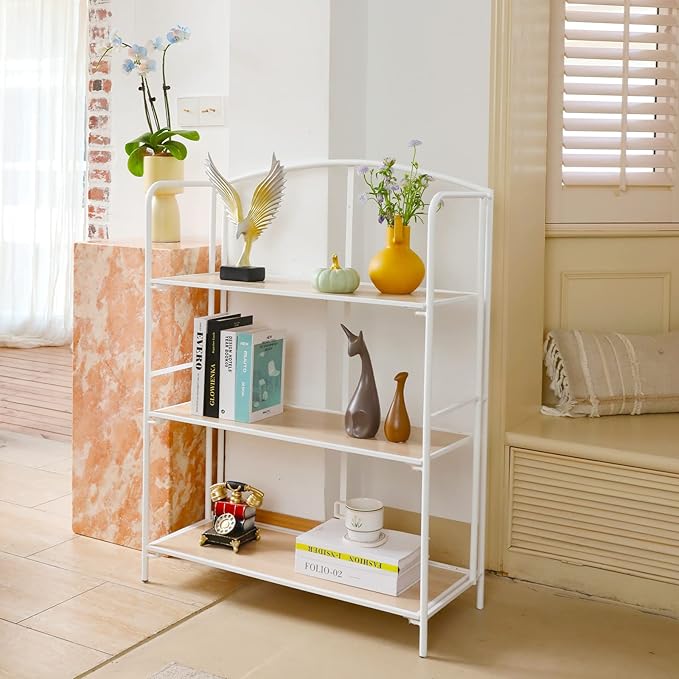 No Assembly Folding Bookshelf, 3 Tier White Bookshelf, Metal Book Shelf for Storage, Folding Bookcase for Office Organization and Storage, 12.87" D x 30.9" W x 42.33" H - LeafyLoom