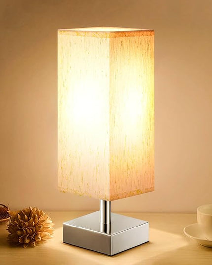 Beige Small Bedroom Lamp for Nightstand - Bedside Table Lamps with Sliver Base, Minimalist Night Stand Lamp with Square Fabric Shade, Desk Reading Lamp for Kids Room Living Room Office - LeafyLoom