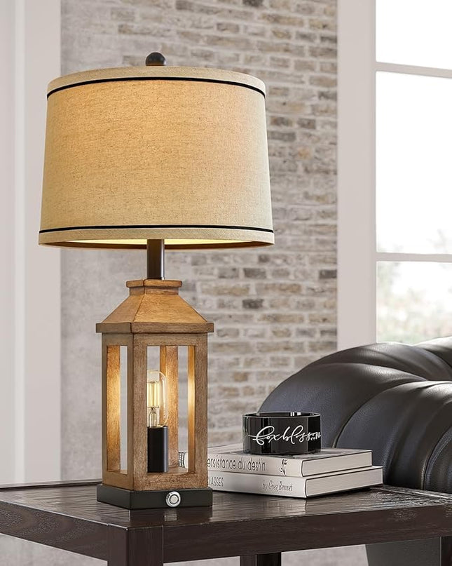 23.75" Farmhouse Dual USB Charging Ports 3-Way Dimmable Touch Control Table Lamp with Nightlight Vintage Modern Lamps for Living Room Bedroom - LeafyLoom