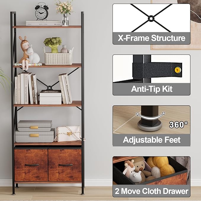 5 Tier Bookshelf Bookcase with 2 Drawer,Tall Book Shelf Display Standing Shelf Units,Wood Book Rack Shelves Storage Organizer for Bedroom Home Office Kitchen Living Room, 22.4 in(Rust Brown,2 Drawers) - LeafyLoom