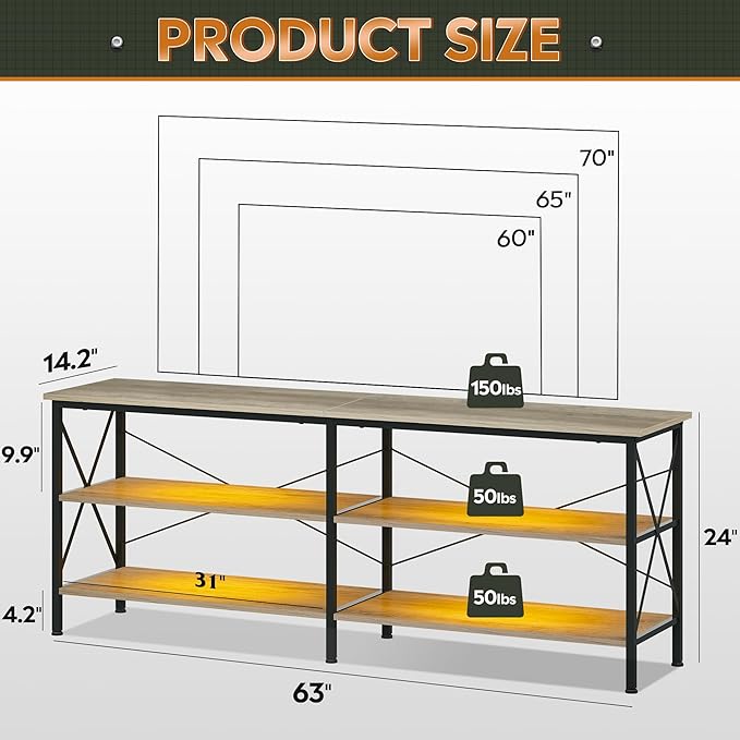 WLIVE TV Stand up to 70 Inch TV, 63" Entertainment Center with LED, TV Media Console with 3-Tier Storage Shelves for Living Room and Bedroom, Greige - LeafyLoom