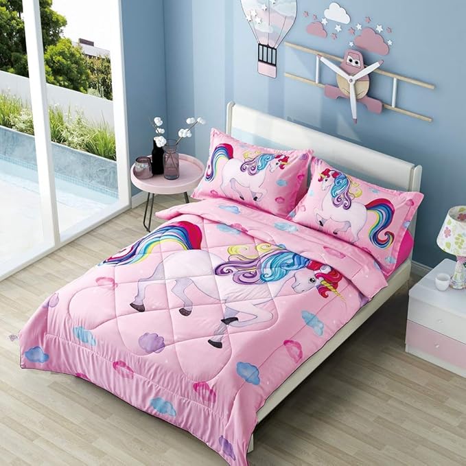 Wowelife Unicorn Full Size Bedding Set 5 Pieces Unicorn Comforter Set Pink 3D Kids Comforter Sets Breathable with Comforter, Flat Sheet, Fitted Sheet and 2 Pillowcases - LeafyLoom