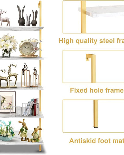 5 Tiers Ladder Shelf White Marble Modern Bookshelf Open Tall Wall Mount Bookcase Standing Leaning Wall Shelves Industrial Decorative - LeafyLoom