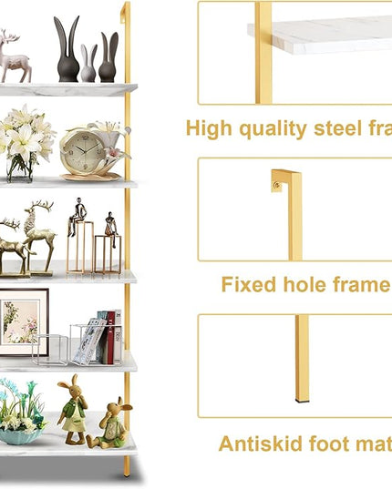 5 Tiers Ladder 2-Piece Shelf White Marble Modern Bookshelf Open Tall Wall Mount Bookcase Standing Leaning Wall Shelves Industrial Decorative - LeafyLoom