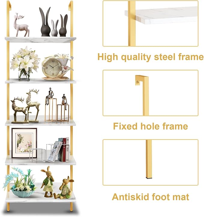 5 Tiers Ladder 2-Piece Shelf White Marble Modern Bookshelf Open Tall Wall Mount Bookcase Standing Leaning Wall Shelves Industrial Decorative - LeafyLoom