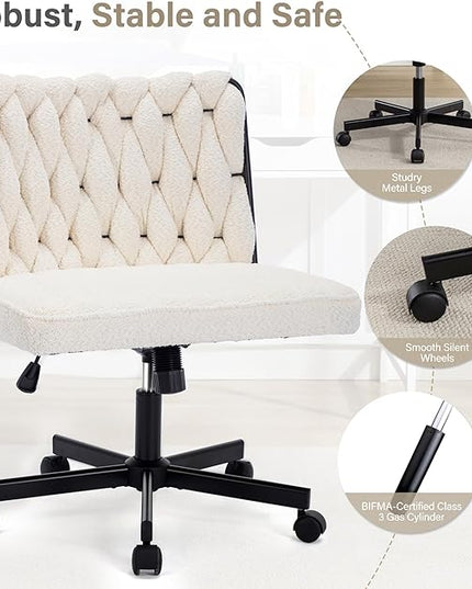 Criss Cross Legged Office Desk Chair with Wheels, Modern Armless Desk Chair with Wide Seat, Home Office Chair for Work, Meditation, Vanity, Beige - LeafyLoom