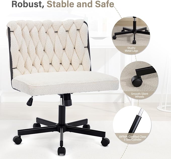 Criss Cross Legged Office Desk Chair with Wheels, Modern Armless Desk Chair with Wide Seat, Home Office Chair for Work, Meditation, Vanity, Beige - LeafyLoom