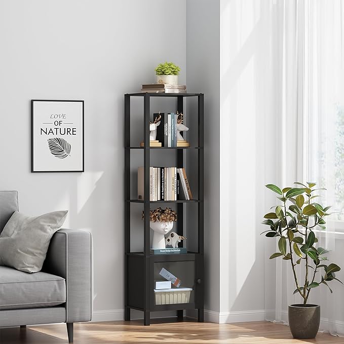 TUTOTAK 5 Tier Bookcase and Bookshelf, Narrow Book shelf with Door for Small Space, for Living Room, Office, Study, Entryway, Black BS03BK005 - LeafyLoom