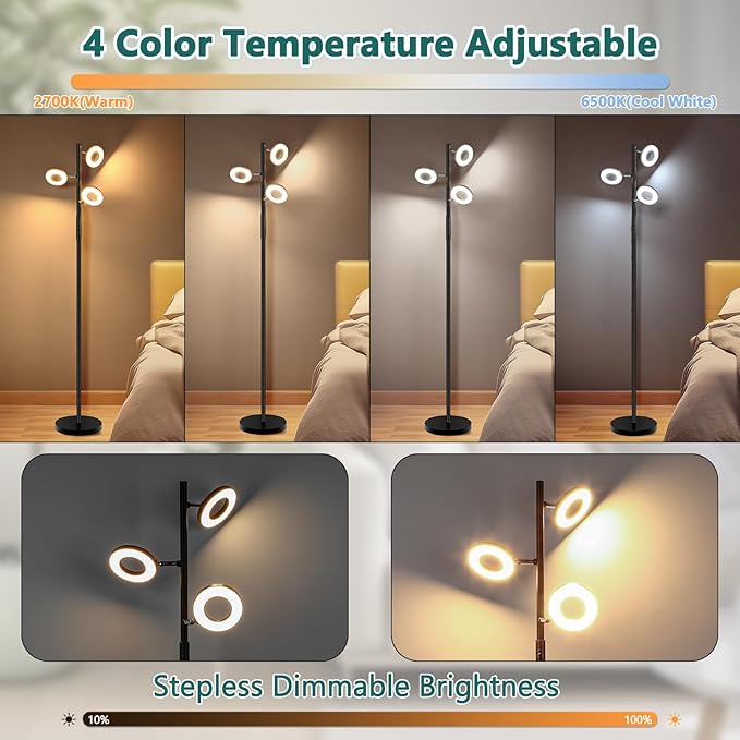 Floor Lamp, Modern Dimmable Standing Floor Lamp with Remote & Touch Control, 2700K-6500K, 3 Rotatable LED Floor Lamps for Living Room, Tall Floor Lamp for Bedroom, Office - LeafyLoom