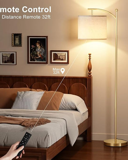 Ambimall Floor Lamp with Remote Control and Stepless Dimmable Bulb, Colors Temperature & Brightness Adjustable, Modern Floor Lamps for Living Room（Beige Shade & Gold Pole） - LeafyLoom