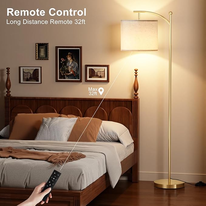 Ambimall Floor Lamp with Remote Control and Stepless Dimmable Bulb, Colors Temperature & Brightness Adjustable, Modern Floor Lamps for Living Room（Beige Shade & Gold Pole） - LeafyLoom