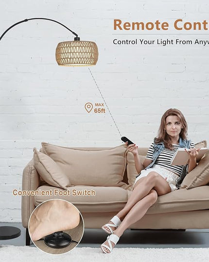 Arc Floor Lamps for Living Room with 3 Color Temperatures, Black Standing Lamp with Remote & Dimmable LED Bulb, Rattan Boho Floor Lamp, Farmhouse Tall Lamp for Bedroom, Over Couch Arched Reading Light - LeafyLoom