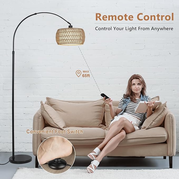 Arc Floor Lamps for Living Room with 3 Color Temperatures, Black Standing Lamp with Remote & Dimmable LED Bulb, Rattan Boho Floor Lamp, Farmhouse Tall Lamp for Bedroom, Over Couch Arched Reading Light - LeafyLoom