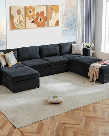 Sweetcrispy Convertible Modular Sectional Sofa, 7 Seat Sectional Couches for Living Room, U-Shaped Modern Fabric Modular Sofa Sleeper with Double Chaise for Home, Apartment, Dorm, Dark Grey - LeafyLoom